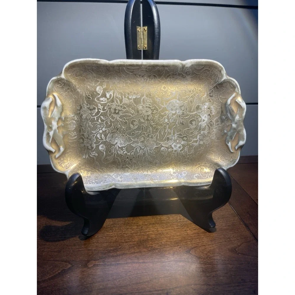 Vtg STOUFFER German SMALL GOLD LEAF Engraved OVER PORCELAIN TRAY Vanity Dish
